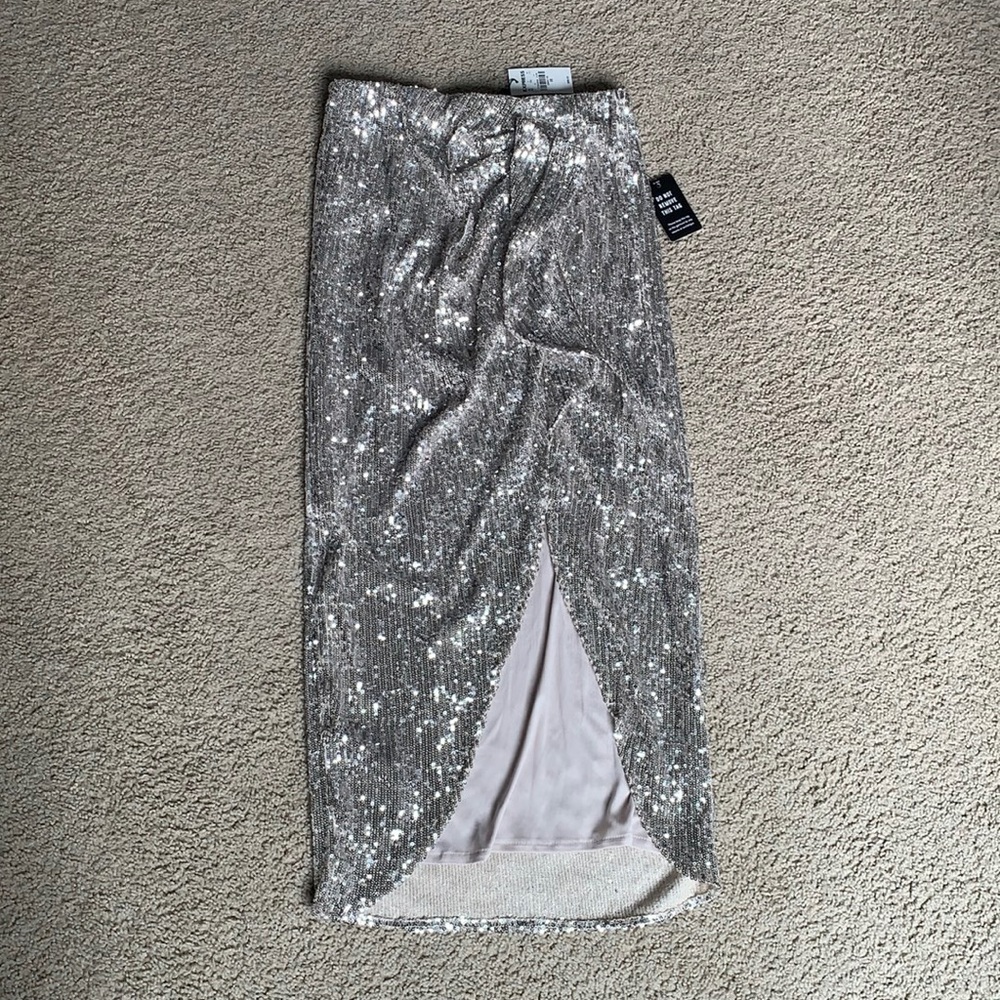 Express Silver Sequined Midi Slit Skirt